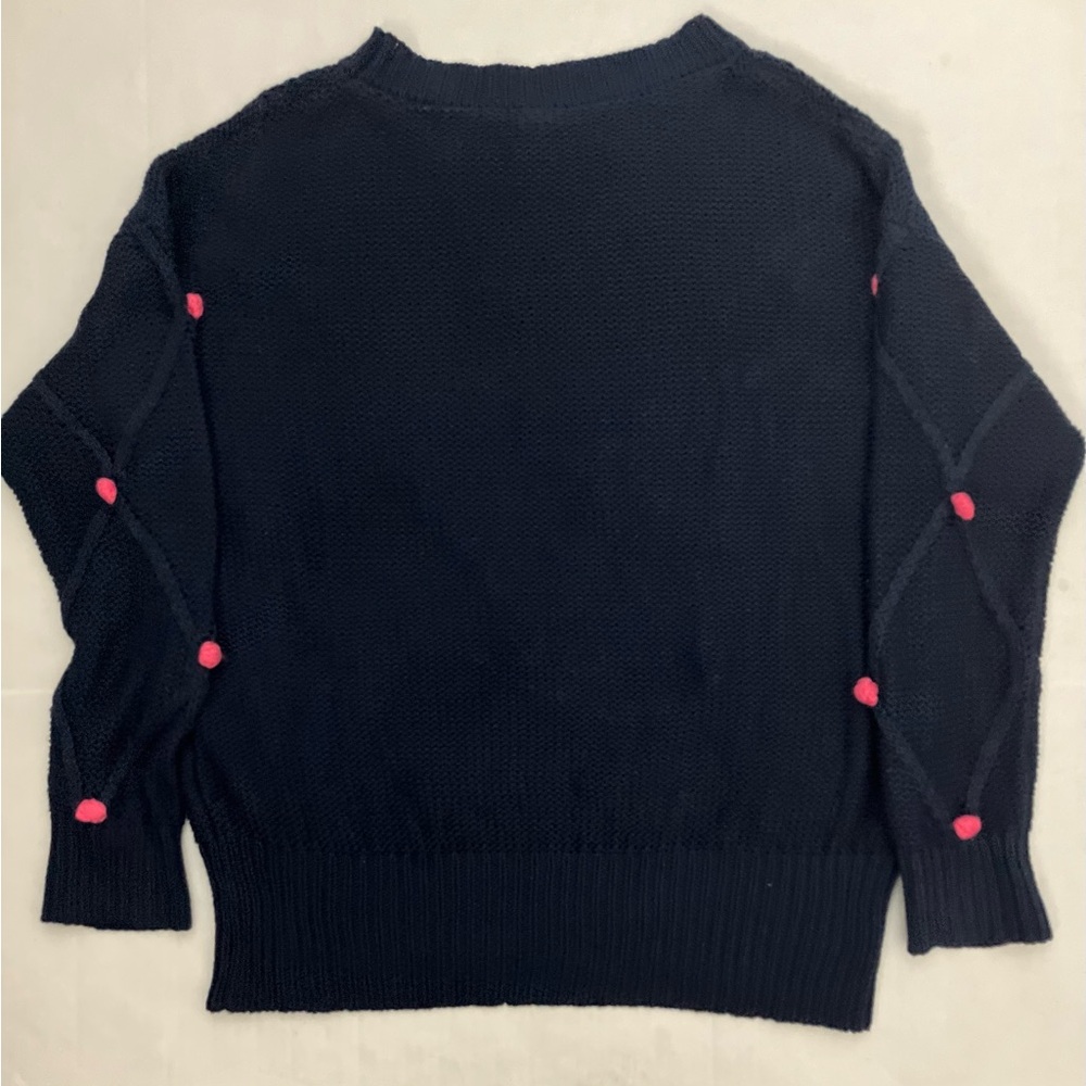 Francesca's Alya Navy Cable Knit Sweater Pink Pom Poms-Size Large - Picture 2 of 6